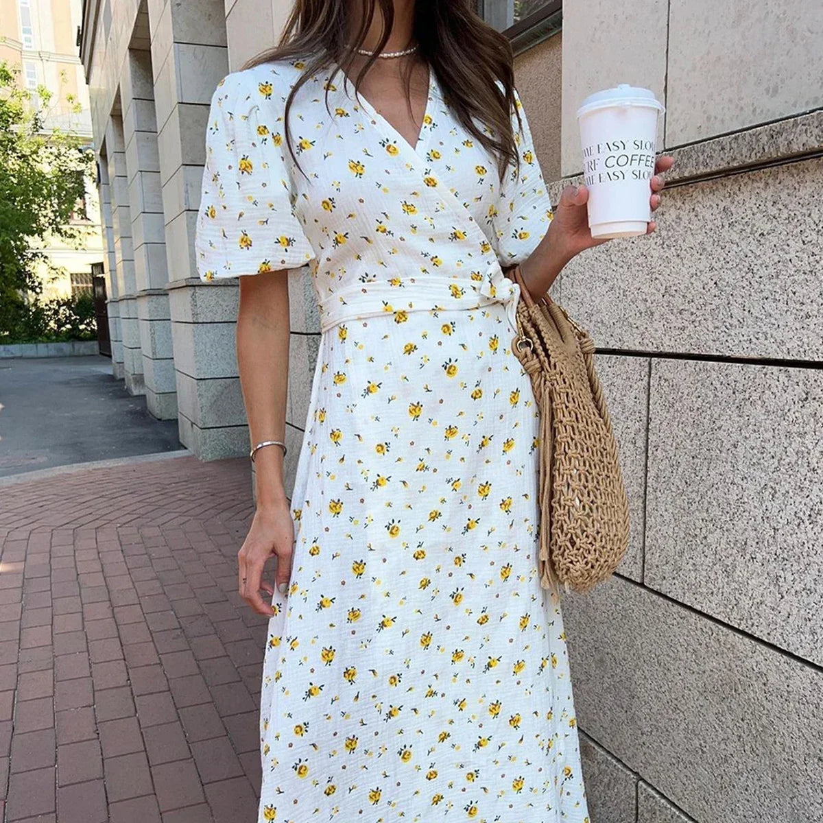 Cotton Lace-Up Printed Maxi Dress