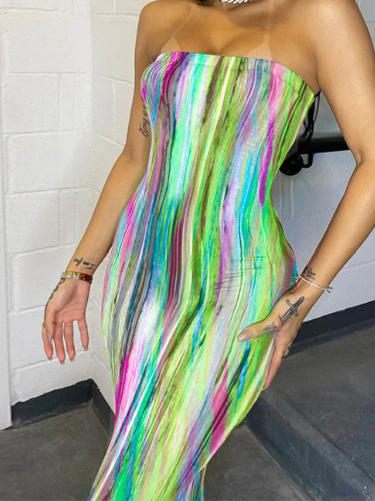 Boho Tie-Dye Strapless Maxi Dress
