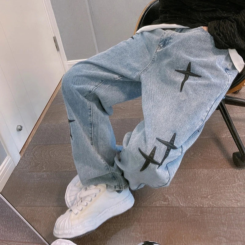 Printed Baggy Wide Leg Jeans