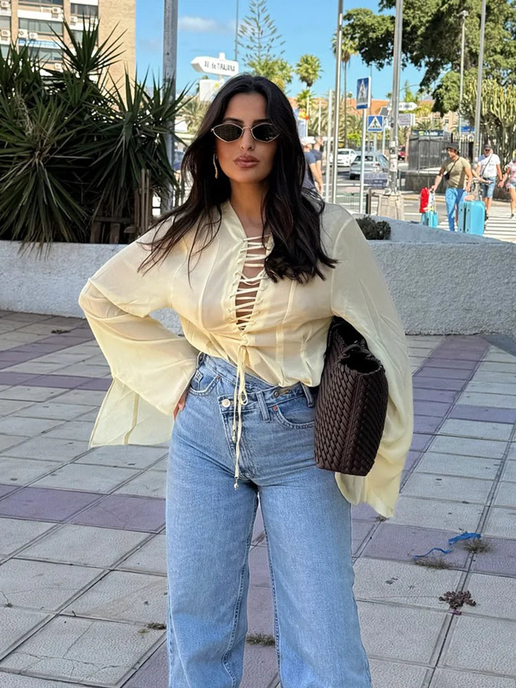 Chiffon V-Neck Lace-Up Shirt