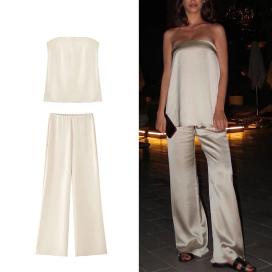Satin High Waist Pants Set