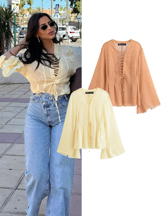 Chiffon V-Neck Lace-Up Shirt