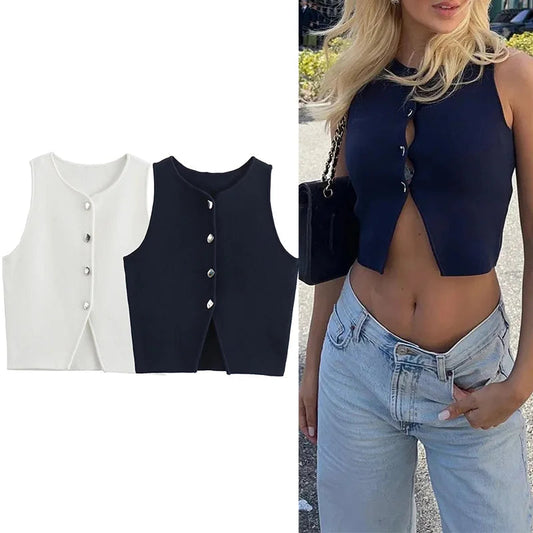 Cropped Knit Button Vest
