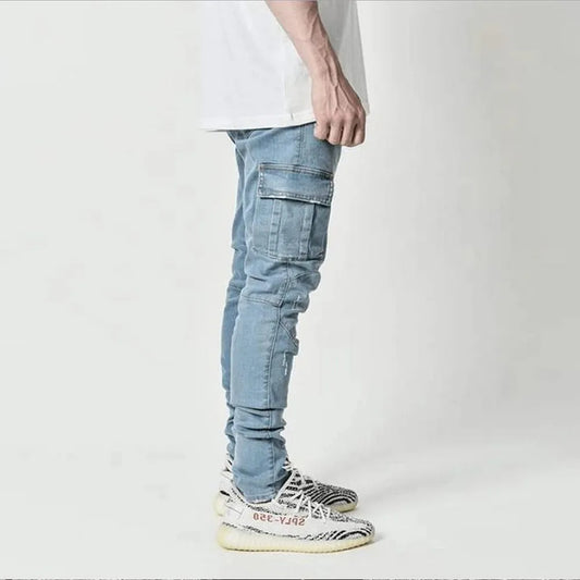 Slim Fit Elastic Cargo Denim Pants