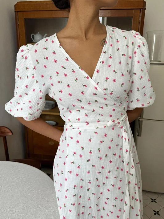 Cotton Lace-Up Printed Maxi Dress