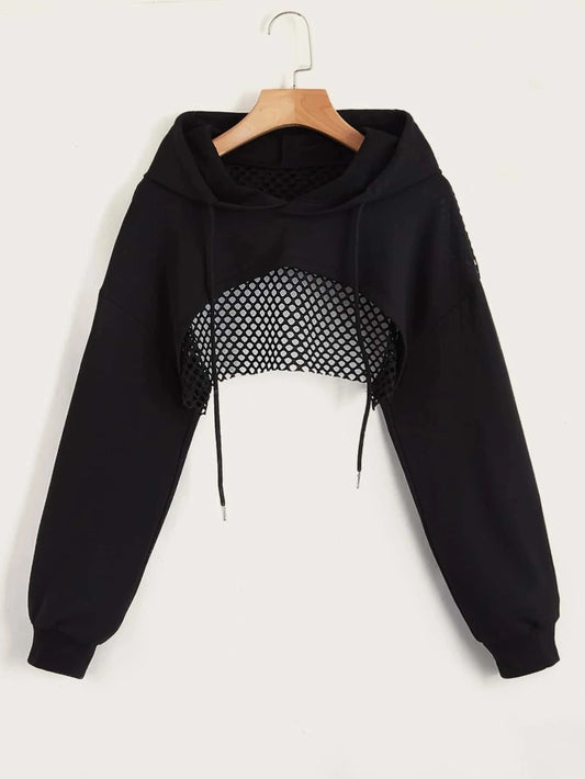 Hollow Out Drawstring Crop Hoodie