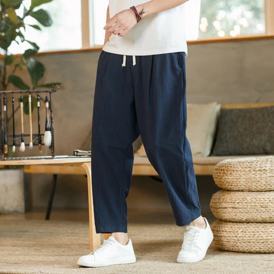 Cotton Linen Drawstring Casual Pants