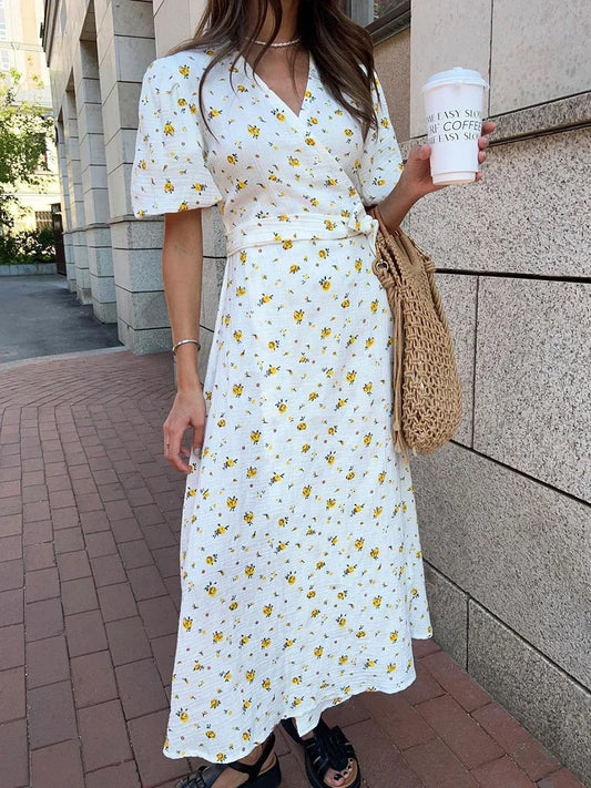 Cotton Lace-Up Printed Maxi Dress