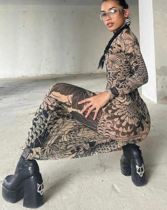 Mesh Print Maxi Dress