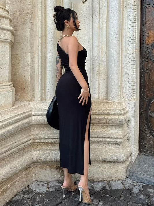 Backless Split Black Maxi Dress