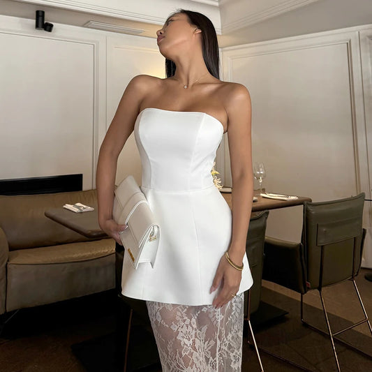 Strapless Lace Splice Skirt Set