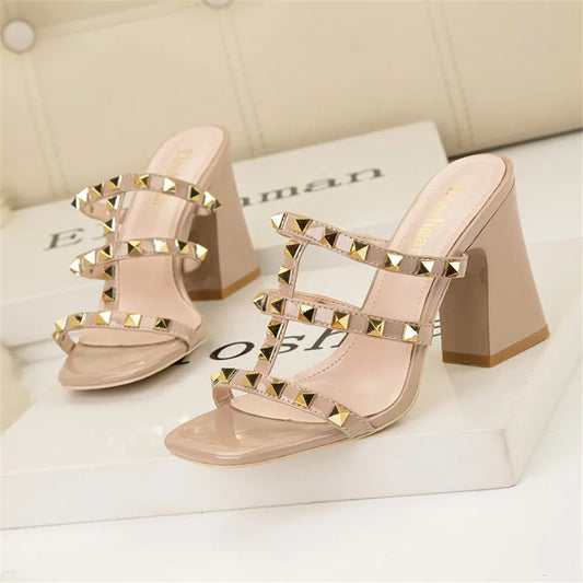Rivet Square Toe Heeled Mules