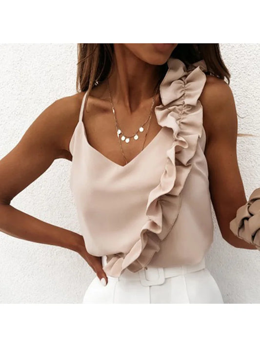Ruffle V-Neck Backless Blouse