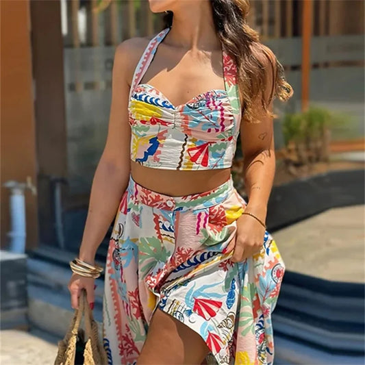Patchwork Halter Crop Top Set