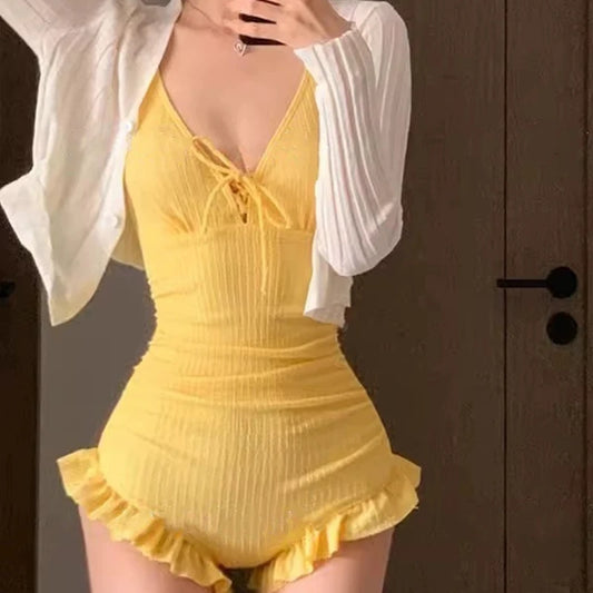 Yellow Ruffled Lace Swimsuit