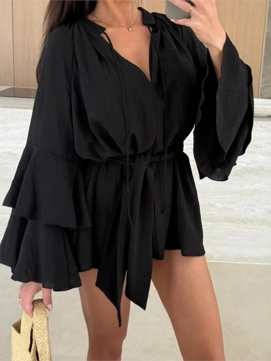 Lotus Leaf Sleeve V-Neck Dress