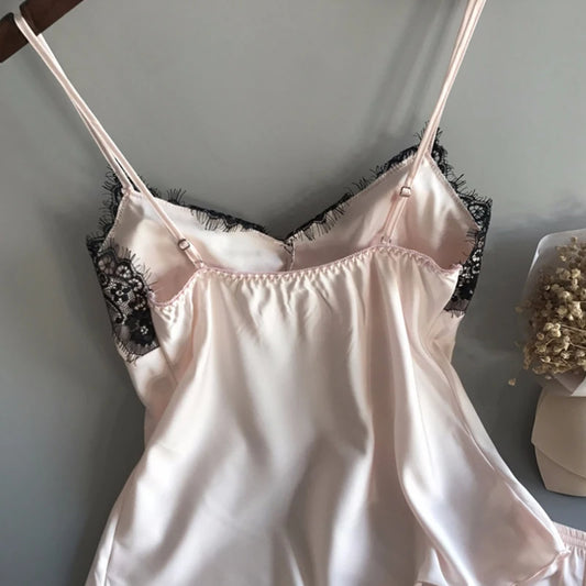 V-Neck Satin Babydoll Pajama Set