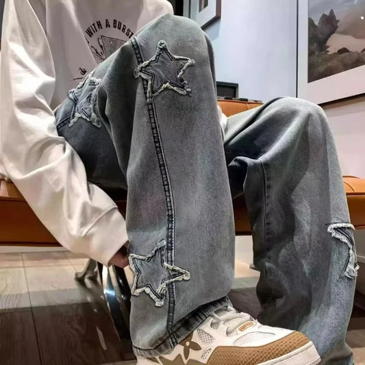 Star Embroidered Wide Leg Jeans