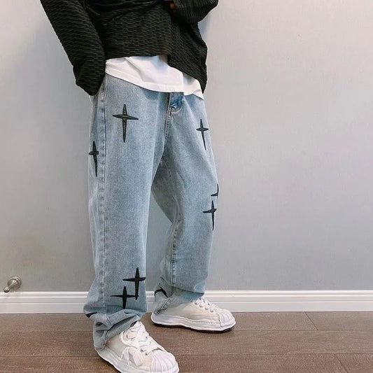 Printed Baggy Wide Leg Jeans