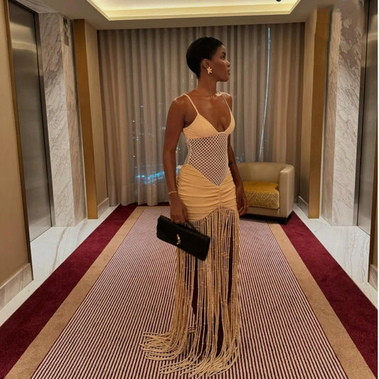 Mesh Pleated Tassel Suspender Dress