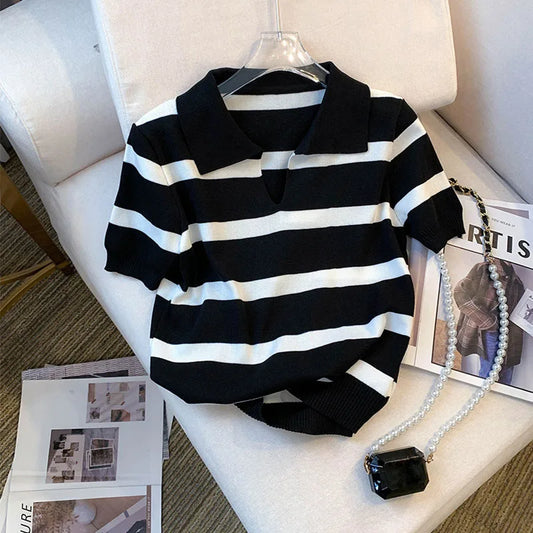 Striped Collared Knit Crop Top