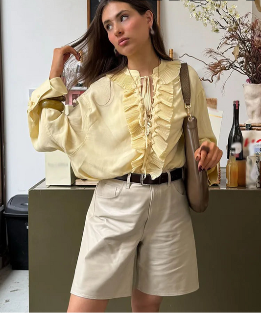 Tiered V-Neck Lace-Up Blouse