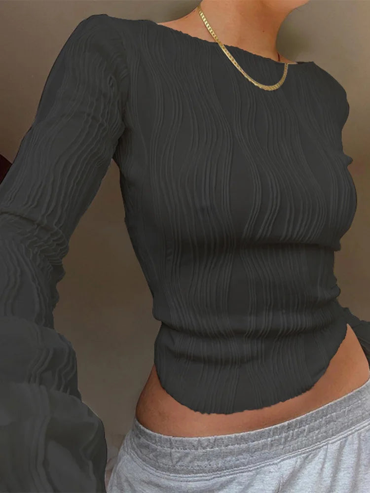Y2K Casual Ruched Long Sleeve Crop Top
