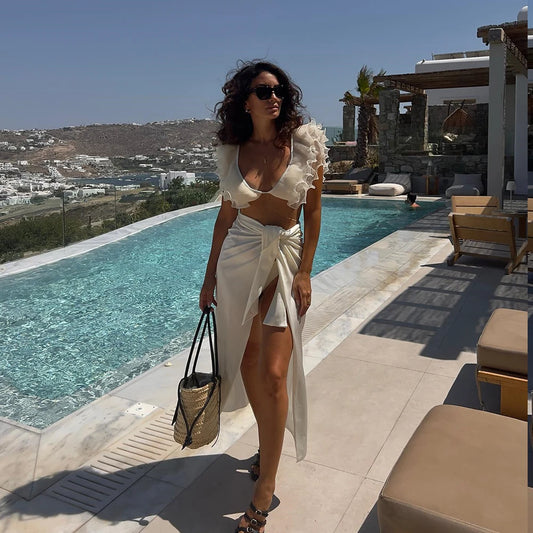 3 PCS Ruffle Halter Bikini Set