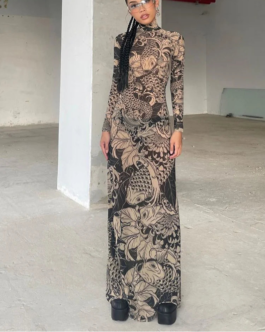 Mesh Print Maxi Dress