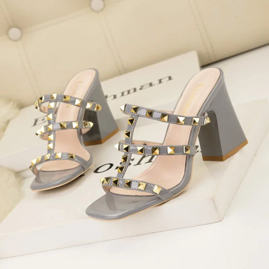 Rivet Square Toe Heeled Mules