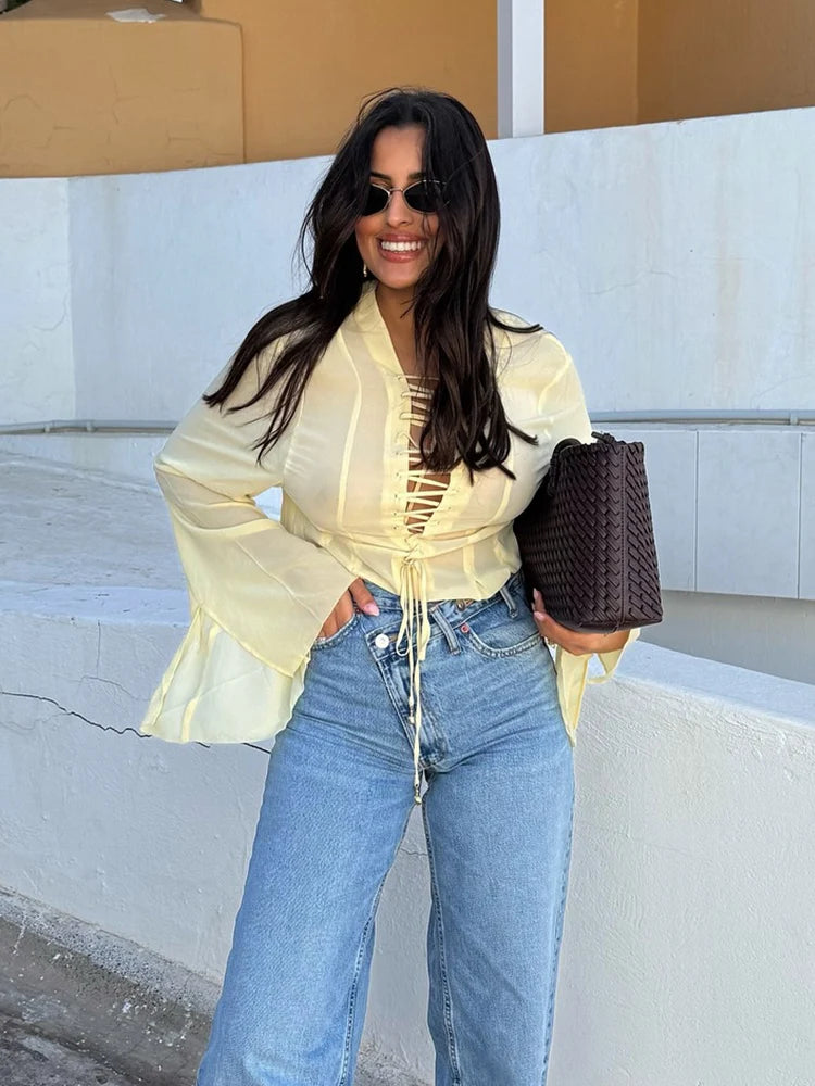 Chiffon V-Neck Lace-Up Shirt