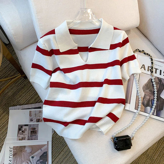 Striped Collared Knit Crop Top
