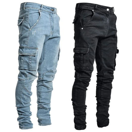 Slim Fit Elastic Cargo Denim Pants