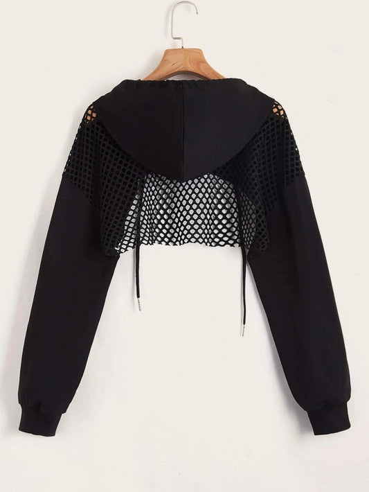 Hollow Out Drawstring Crop Hoodie