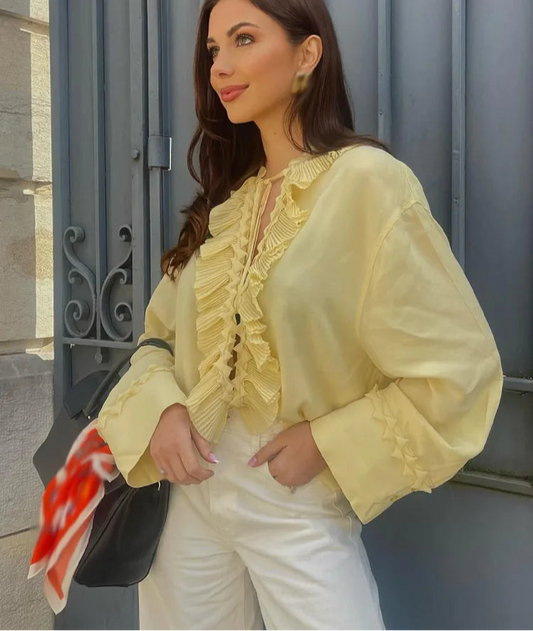 Tiered V-Neck Lace-Up Blouse