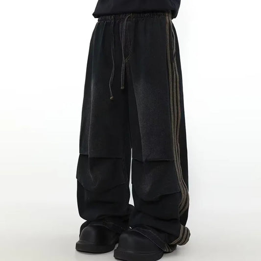 Y2K Striped Pleated Baggy Jeans