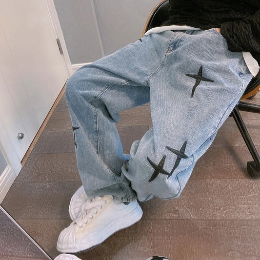 Printed Baggy Wide Leg Jeans