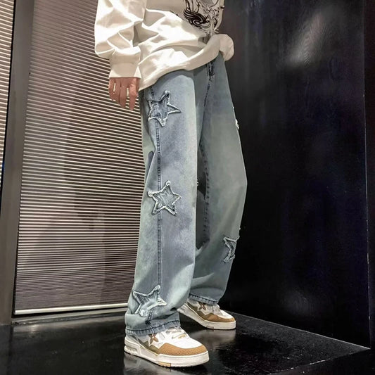 Star Embroidered Wide Leg Jeans