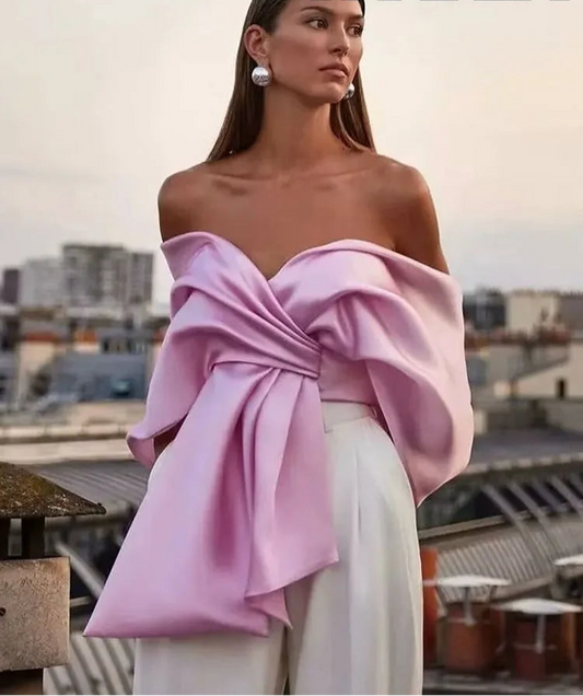 Pink Satin Bow Off-Shoulder Top